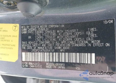 2005 Toyota Highlander Limited V6 from USA, damaged, VIN JTEDP21A750054768